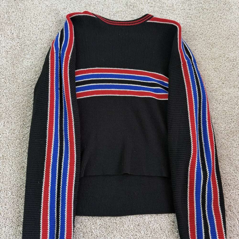Retro Blues Sweater Womens XL Black Crew Neck Striped TightKnit Stretch Pullover